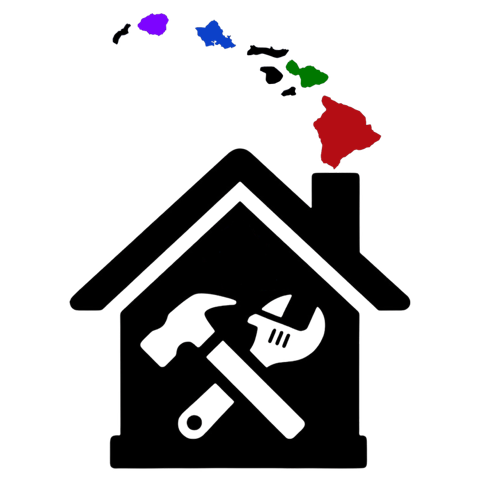 Hawaiʻi Handyman logo: house with hammer and wrench and the four islands