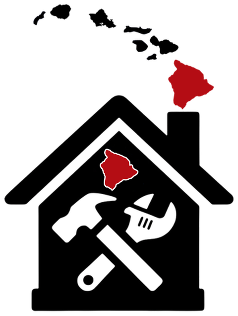 Hawaiʻi Handyman logo: house with hammer and wrench and the island chain, Big Island highlighted