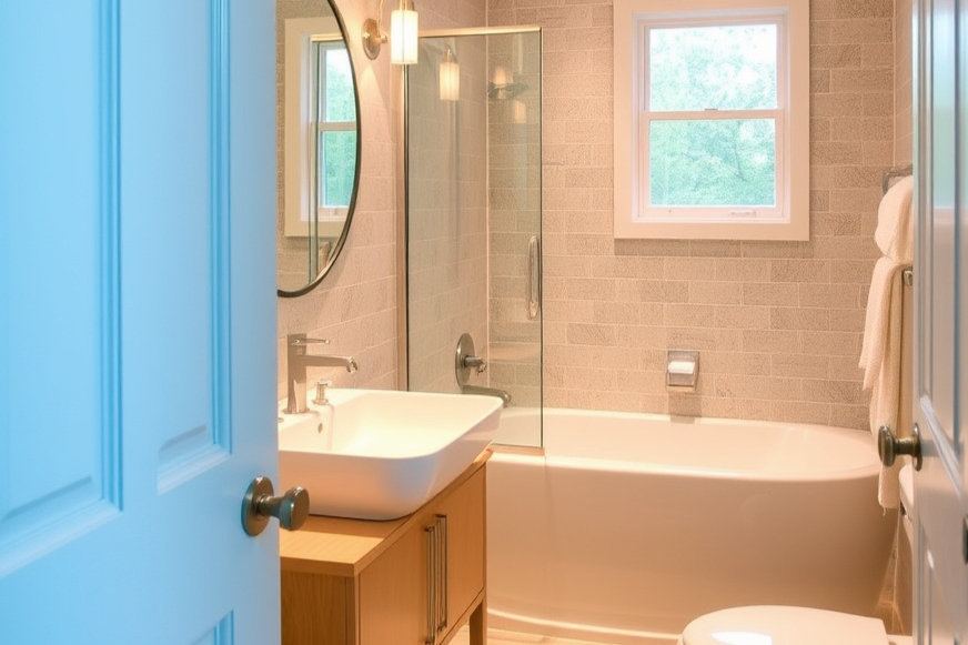 Bathroom with a wood vanity, soaking tub and glass shower